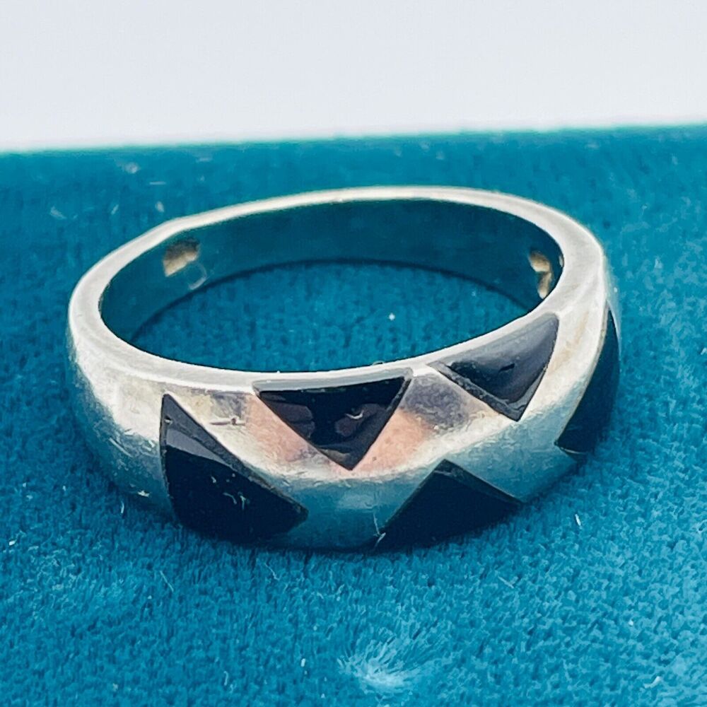 925 Band Geometric Black Onyx Inlay Size 7 Sterling Silver Ring 3-6.8mm Modern